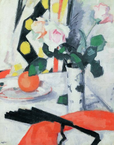 Natura morta: Rose in un vaso cinese con ventaglio nero, 1924 da Samuel John Peploe